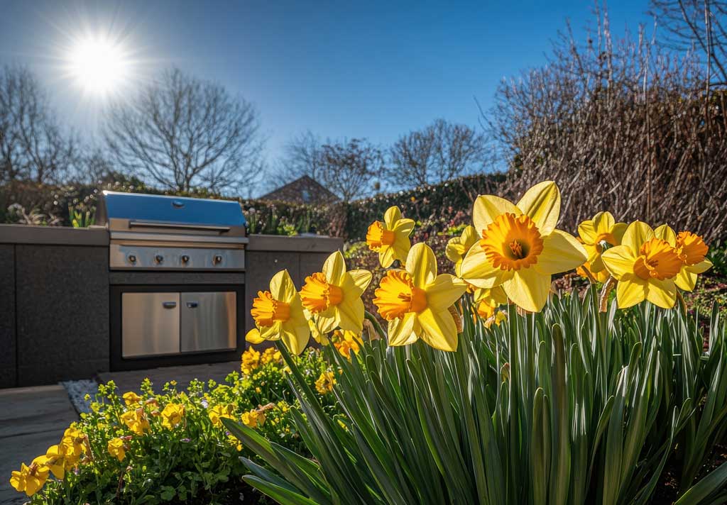 Daffodils in a sunny spring garden, with a gas barbecure in the background